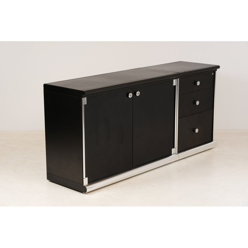 Vintage Mariani two-piece black leather highboard by Guido Faleschini 1970