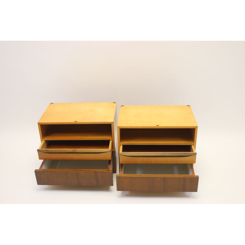 Pair of vintage bedside tables with one drawer and one hidden drawer 1960
