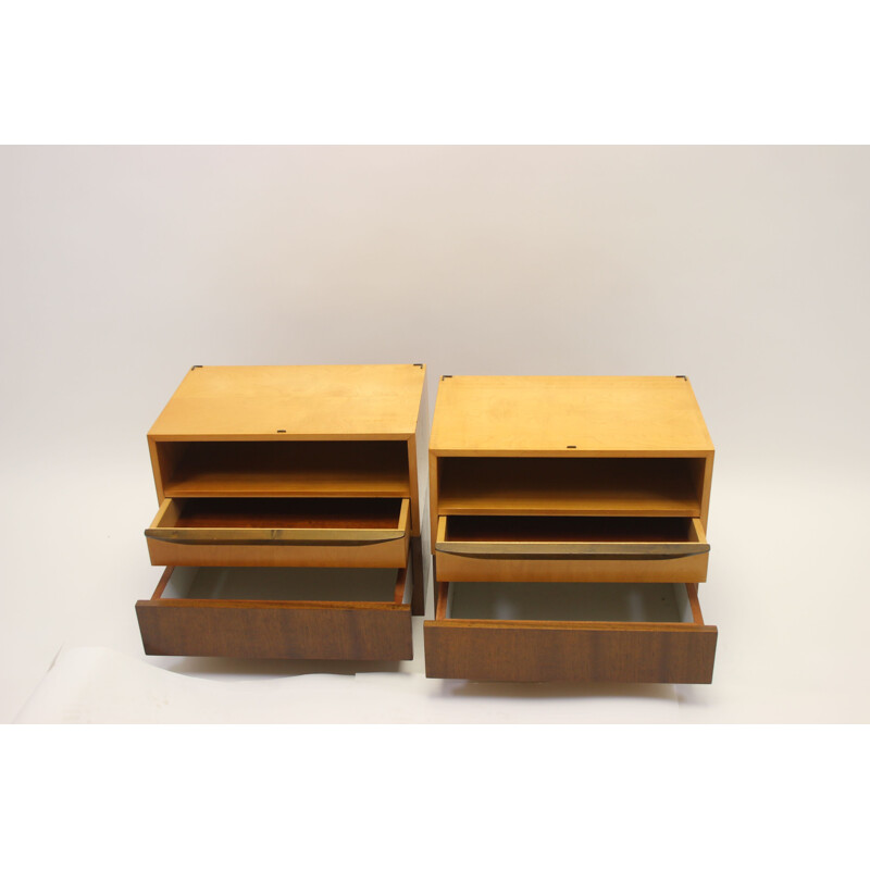 Pair of vintage bedside tables with one drawer and one hidden drawer 1960