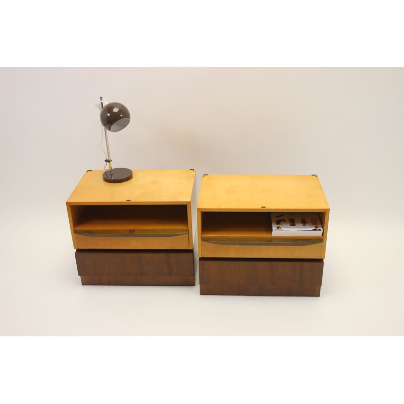 Pair of vintage bedside tables with one drawer and one hidden drawer 1960