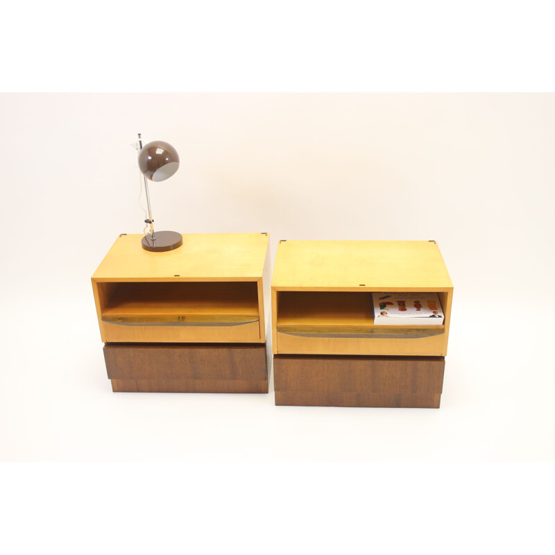 Pair of vintage bedside tables with one drawer and one hidden drawer 1960