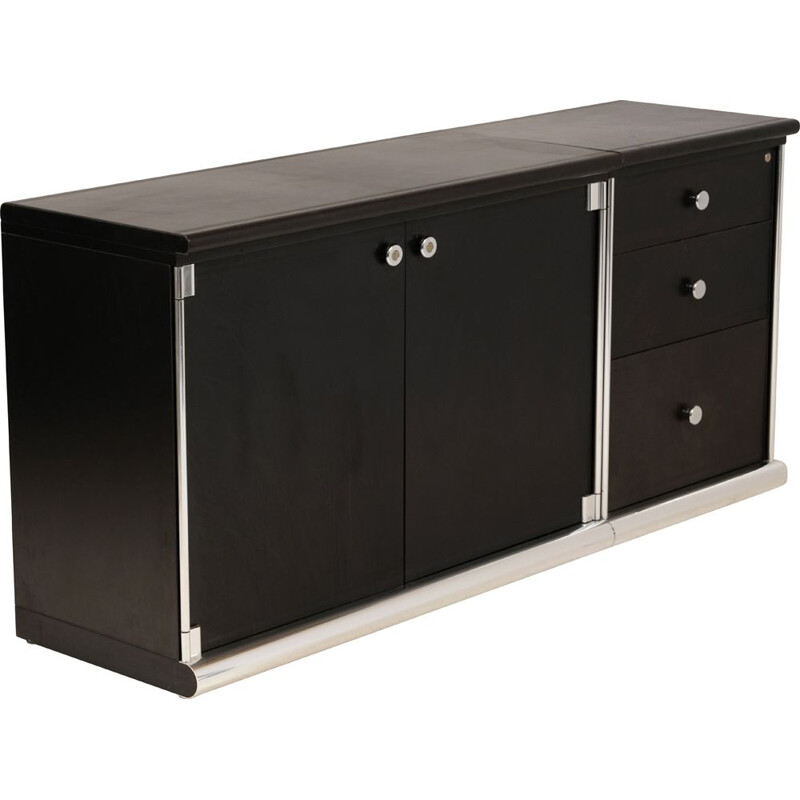 Vintage Mariani two-piece black leather highboard by Guido Faleschini 1970