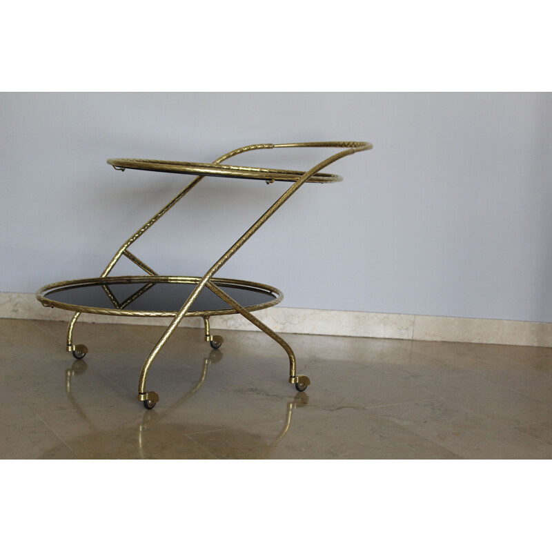 Vintage brass oval trolley with black mirror glass on 2 levels, Italy 1950