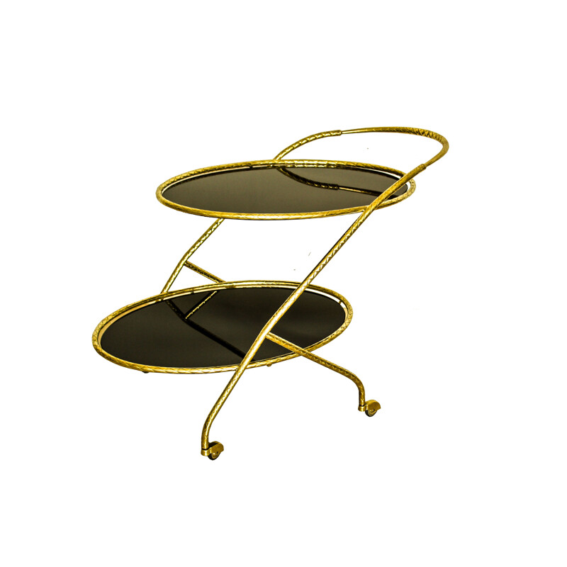 Vintage brass oval trolley with black mirror glass on 2 levels, Italy 1950