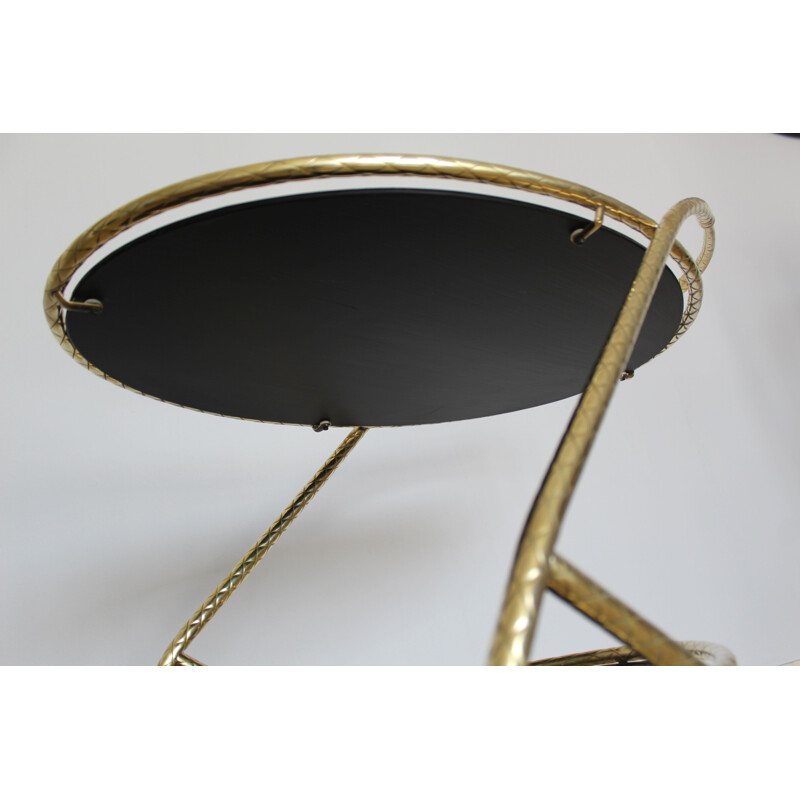 Vintage brass oval trolley with black mirror glass on 2 levels, Italy 1950