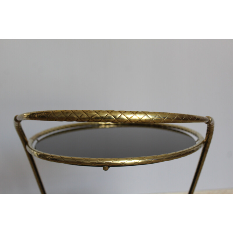 Vintage brass oval trolley with black mirror glass on 2 levels, Italy 1950