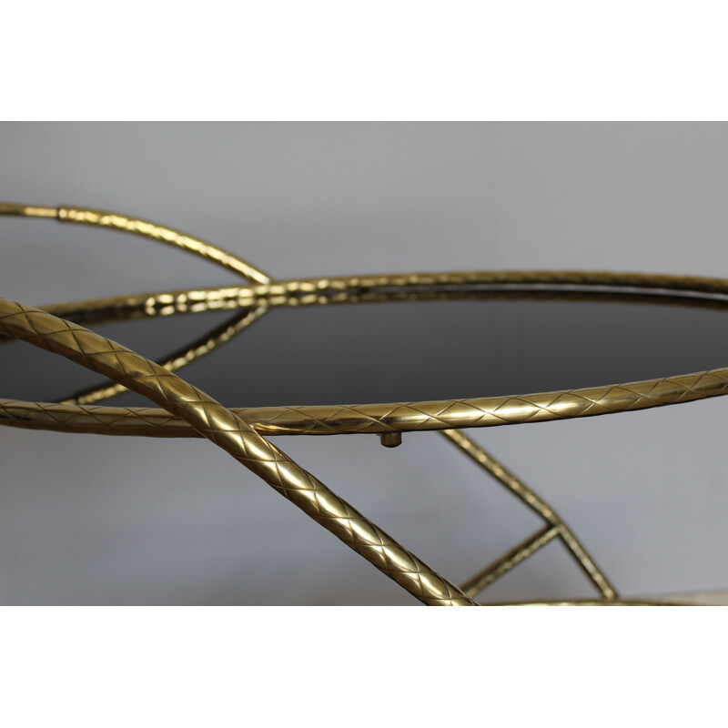 Vintage brass oval trolley with black mirror glass on 2 levels, Italy 1950