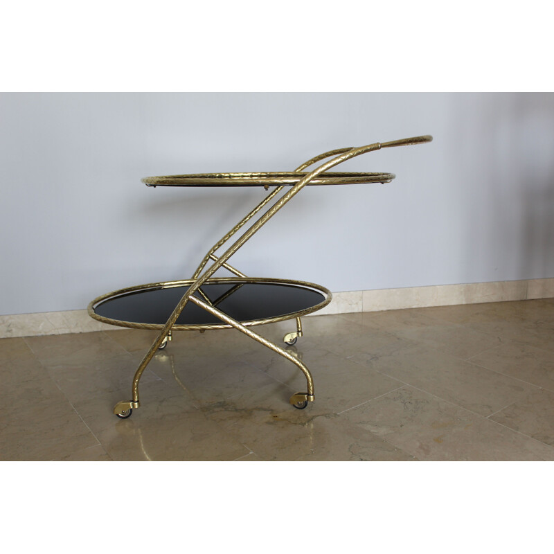 Vintage brass oval trolley with black mirror glass on 2 levels, Italy 1950