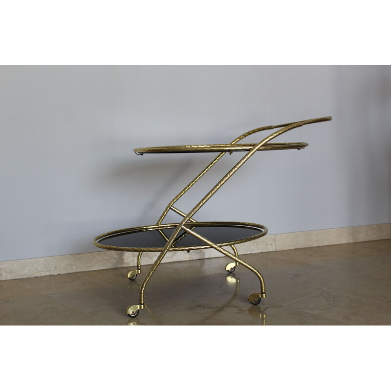 Vintage brass oval trolley with black mirror glass on 2 levels, Italy 1950