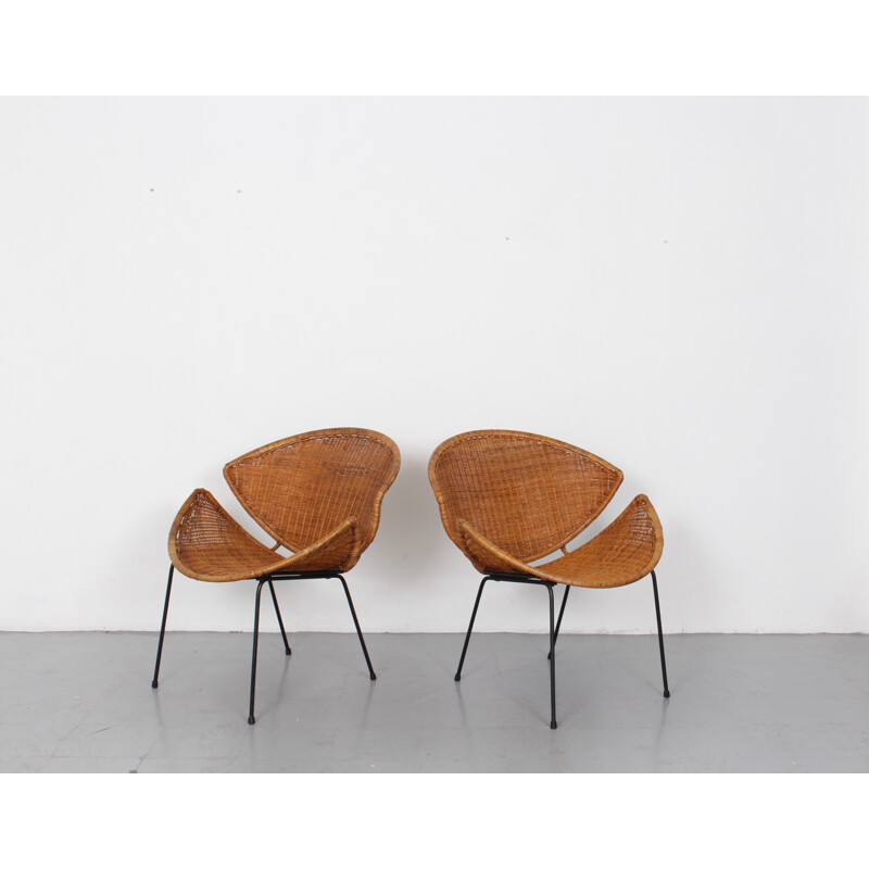 Pair of American wicker armchairs in iron, John B. SALTERINI - 1950s