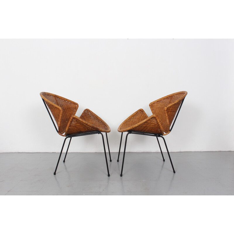 Pair of American wicker armchairs in iron, John B. SALTERINI - 1950s