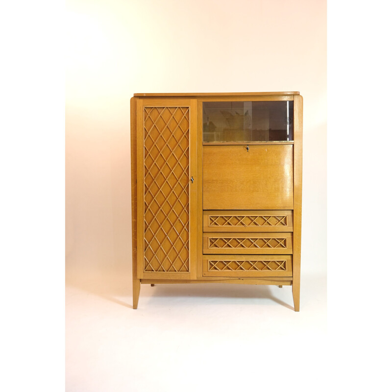Vintage wood and rattan secretary cabinet 1960s
