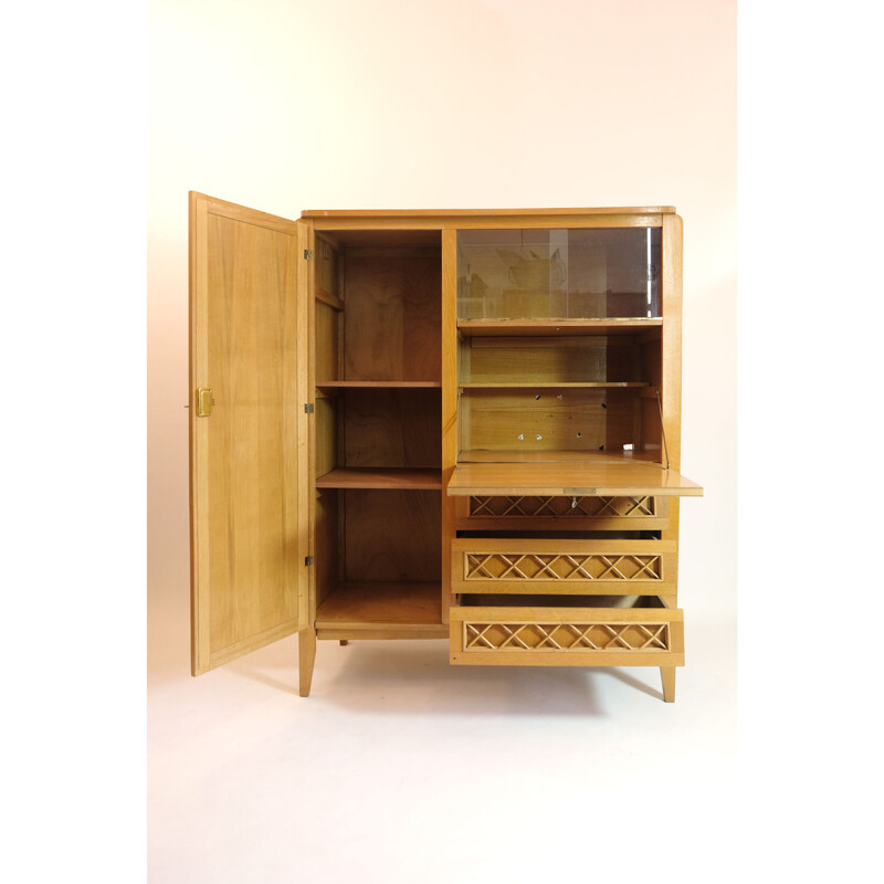 Vintage wood and rattan secretary cabinet 1960s