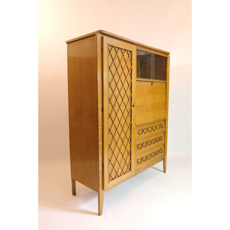 Vintage wood and rattan secretary cabinet 1960s