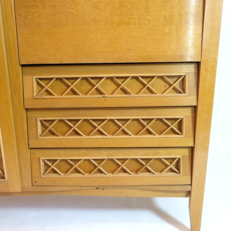 Vintage wood and rattan secretary cabinet 1960s