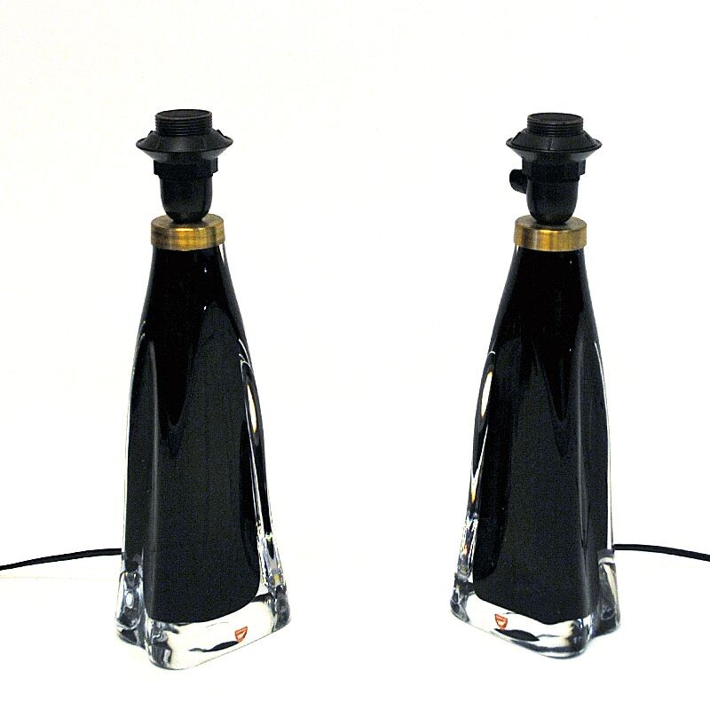 Vintage Black glass tablelamp pair RD1323 by Carl Fagerlund for Orrefors, Sweden 1960s