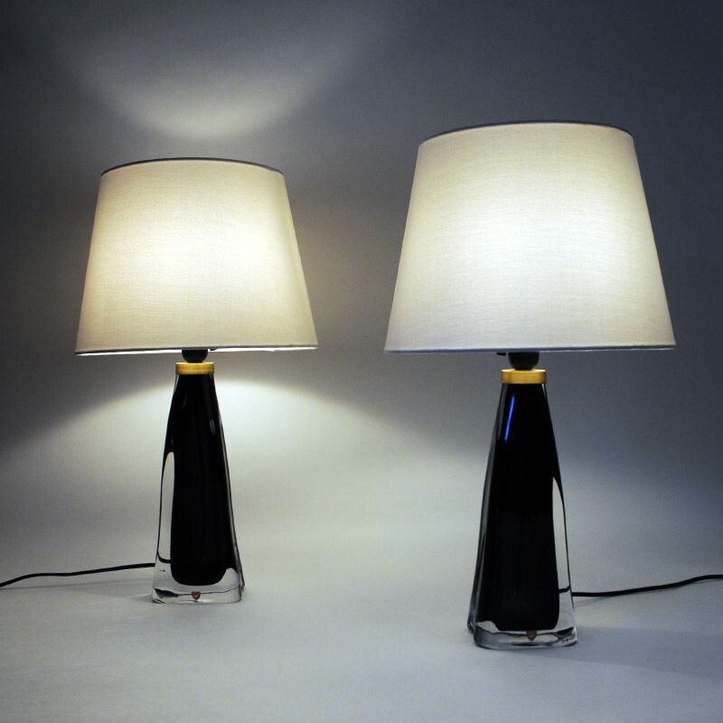 Paire de lampes de table vintage en verre noir RD1323 by Carl Fagerlund for Orrefors, Sweden 1960