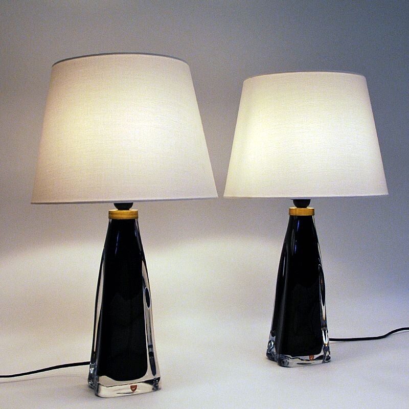 Vintage Black glass tablelamp pair RD1323 by Carl Fagerlund for Orrefors, Sweden 1960s
