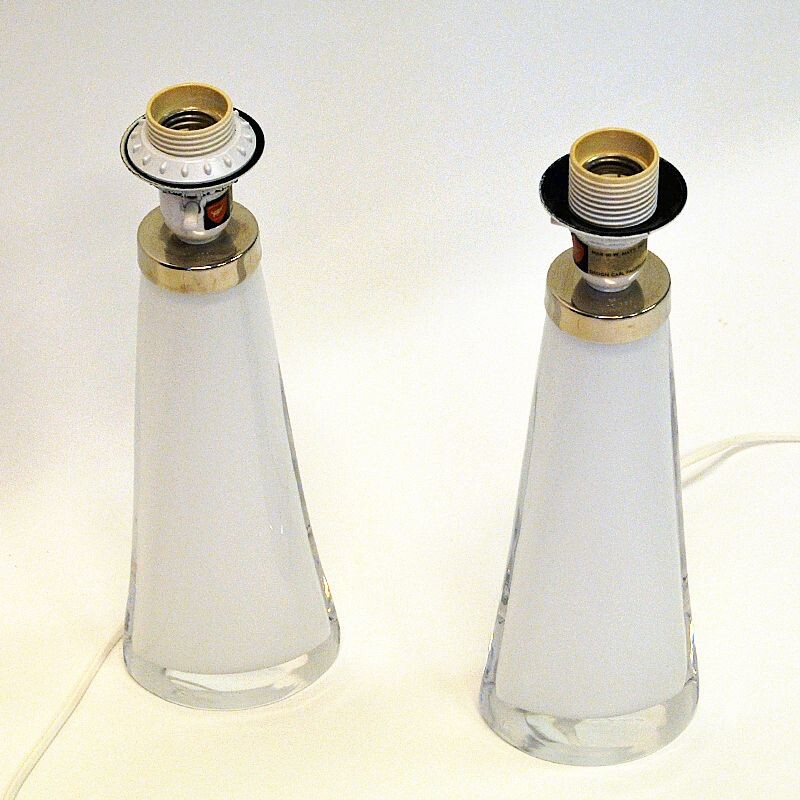 Pair of vintage White glass tablelamp RD1566 by Carl Fagerlund for Orrefors, Sweden 1960s