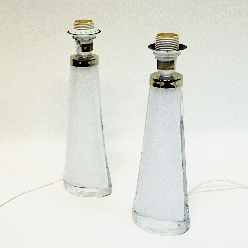 Pair of vintage White glass tablelamp RD1566 by Carl Fagerlund for Orrefors, Sweden 1960s