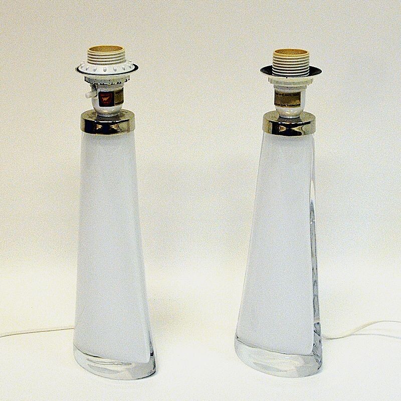 Pair of vintage White glass tablelamp RD1566 by Carl Fagerlund for Orrefors, Sweden 1960s