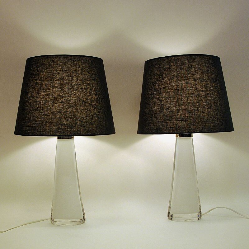 Pair of vintage White glass tablelamp RD1566 by Carl Fagerlund for Orrefors, Sweden 1960s