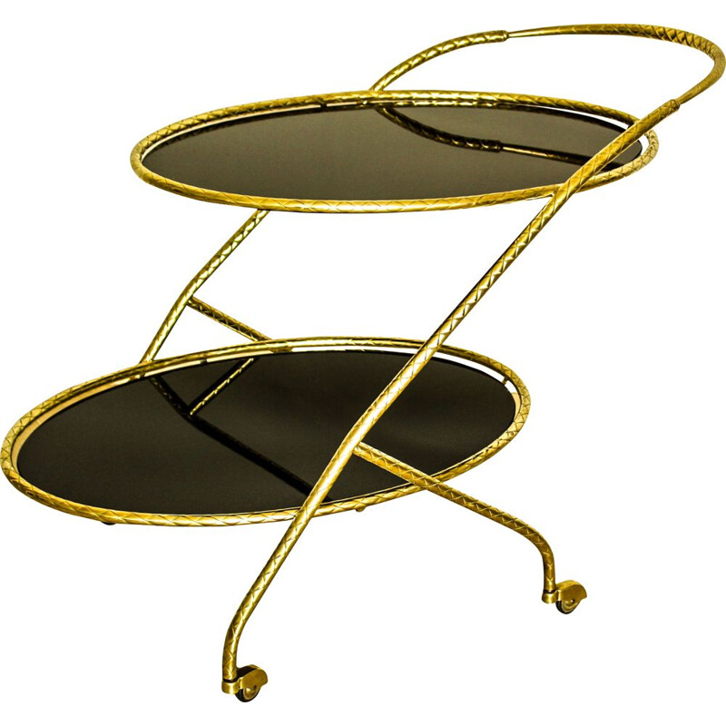 Vintage brass oval trolley with black mirror glass on 2 levels, Italy 1950