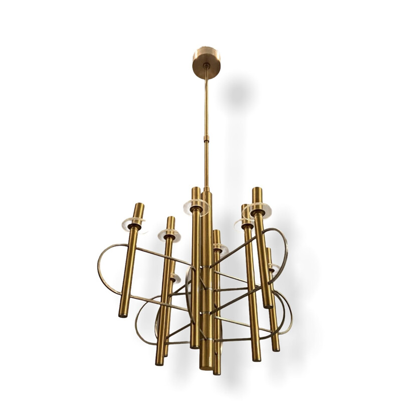 Vintage Brass and Chrome Chandelier by Gaetano Sciolari 1970s