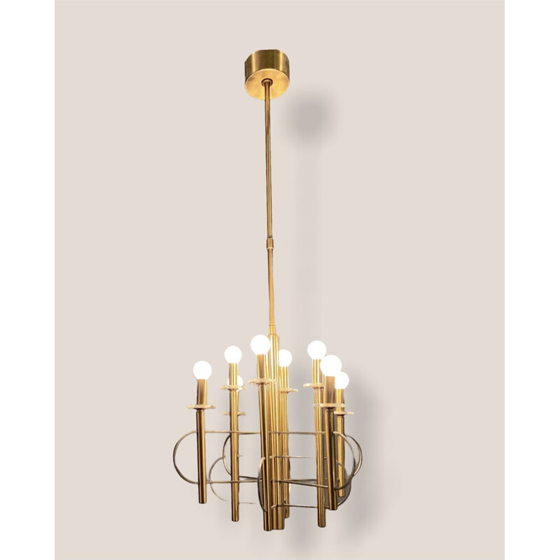 Vintage Brass and Chrome Chandelier by Gaetano Sciolari 1970s