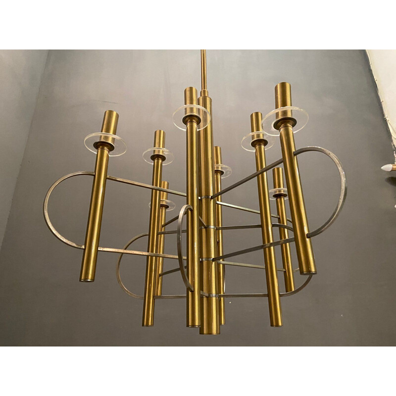 Vintage Brass and Chrome Chandelier by Gaetano Sciolari 1970s
