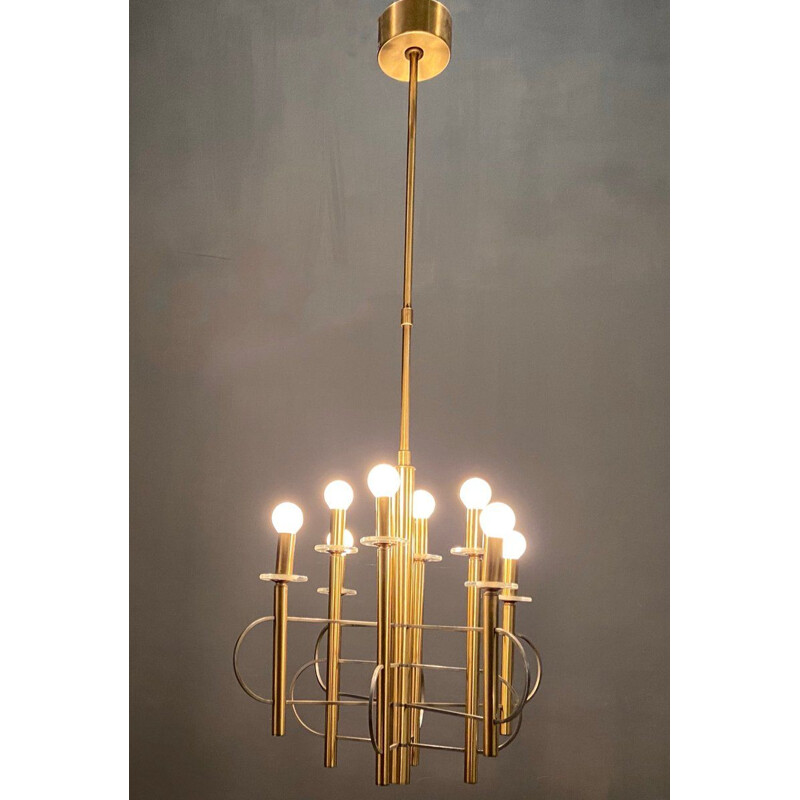 Vintage Brass and Chrome Chandelier by Gaetano Sciolari 1970s