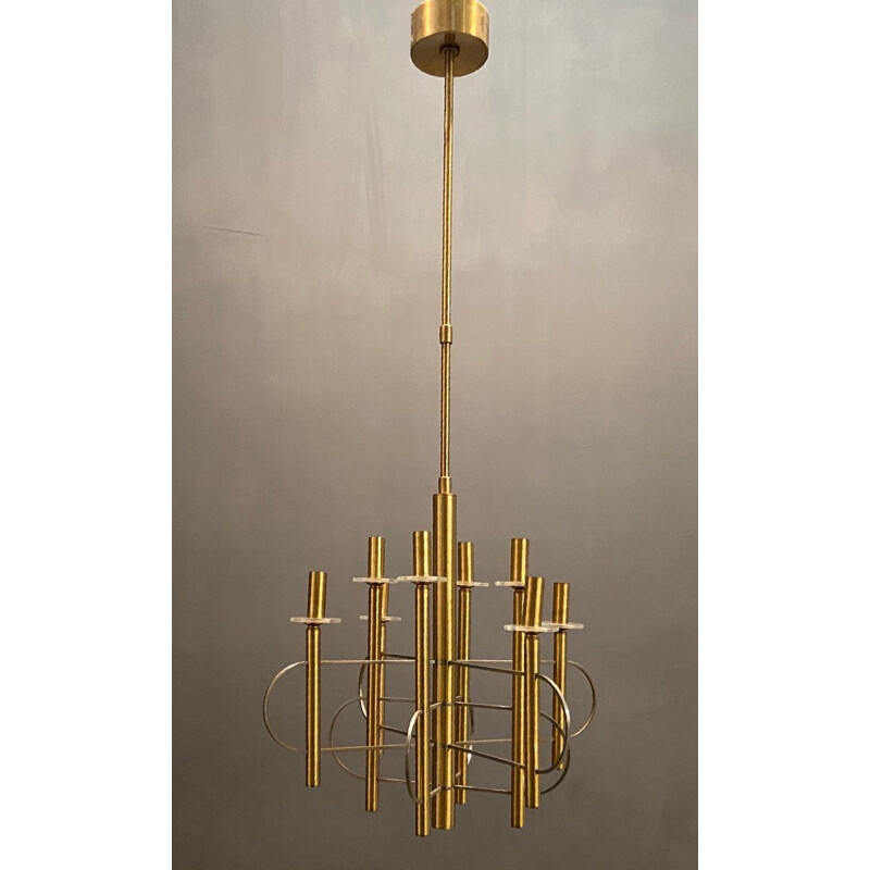 Vintage Brass and Chrome Chandelier by Gaetano Sciolari 1970s