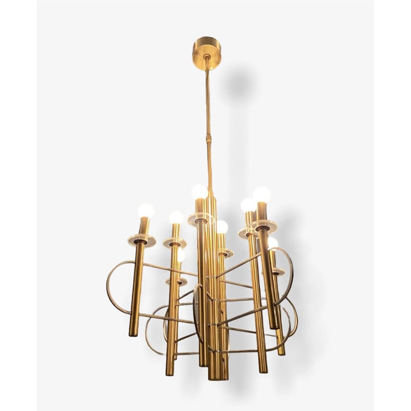 Vintage Brass and Chrome Chandelier by Gaetano Sciolari 1970s