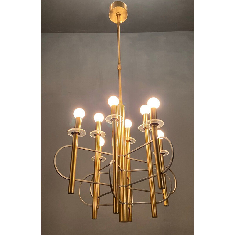 Lampadario vintage in ottone e cromo di Gaetano Sciolari 1970