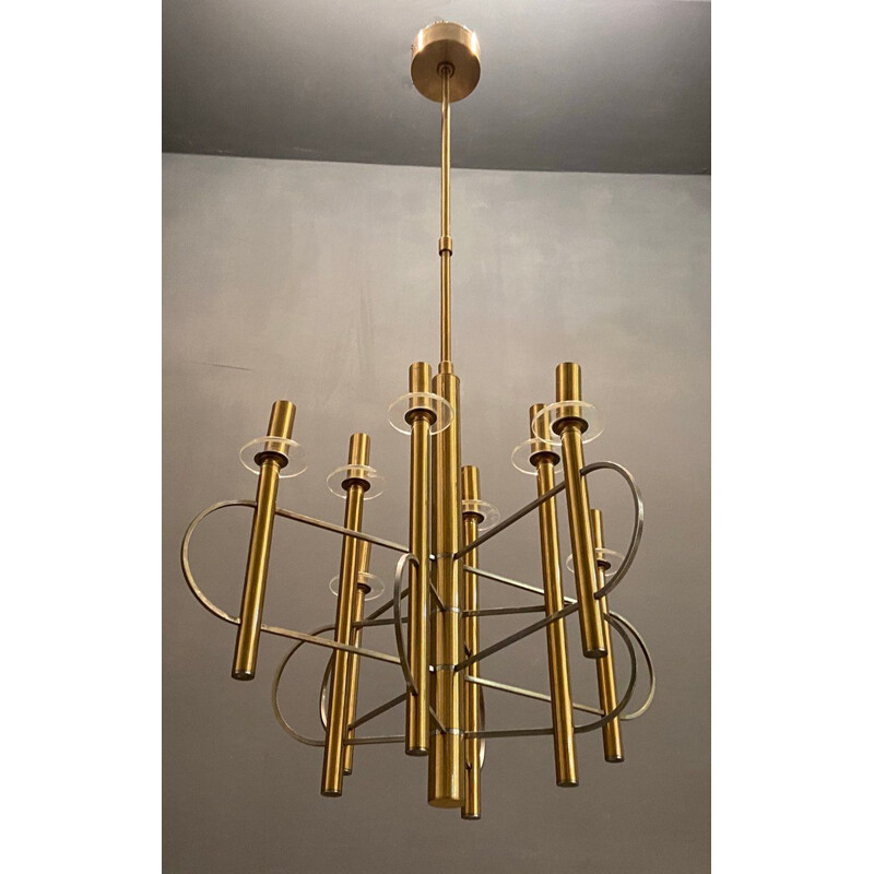 Vintage Brass and Chrome Chandelier by Gaetano Sciolari 1970s