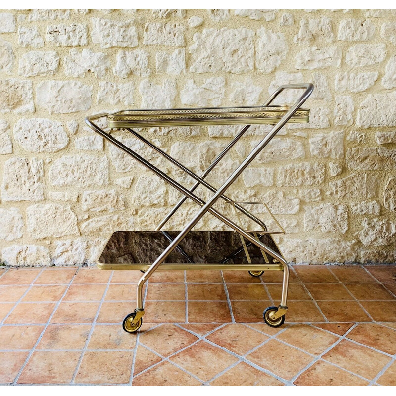 Vintage Brass Bar Cart With Formica Trays On Multi- Directional Wheels 1960s