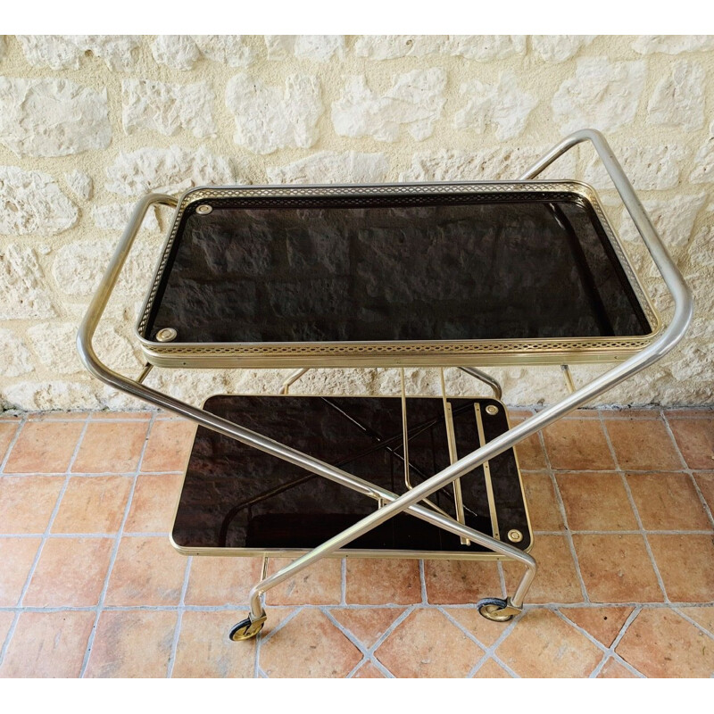 Vintage Brass Bar Cart With Formica Trays On Multi- Directional Wheels 1960s