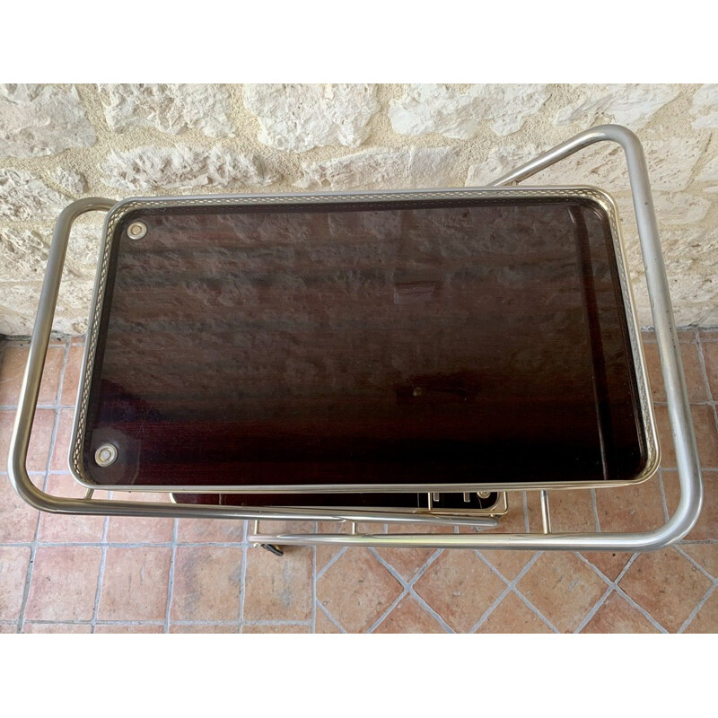 Vintage Brass Bar Cart With Formica Trays On Multi- Directional Wheels 1960s