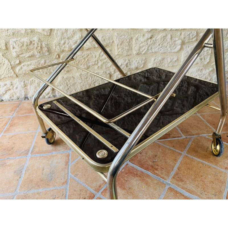 Vintage Brass Bar Cart With Formica Trays On Multi- Directional Wheels 1960s