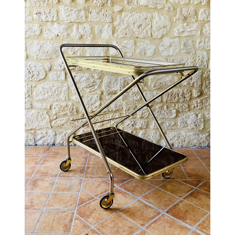 Vintage Brass Bar Cart With Formica Trays On Multi- Directional Wheels 1960s