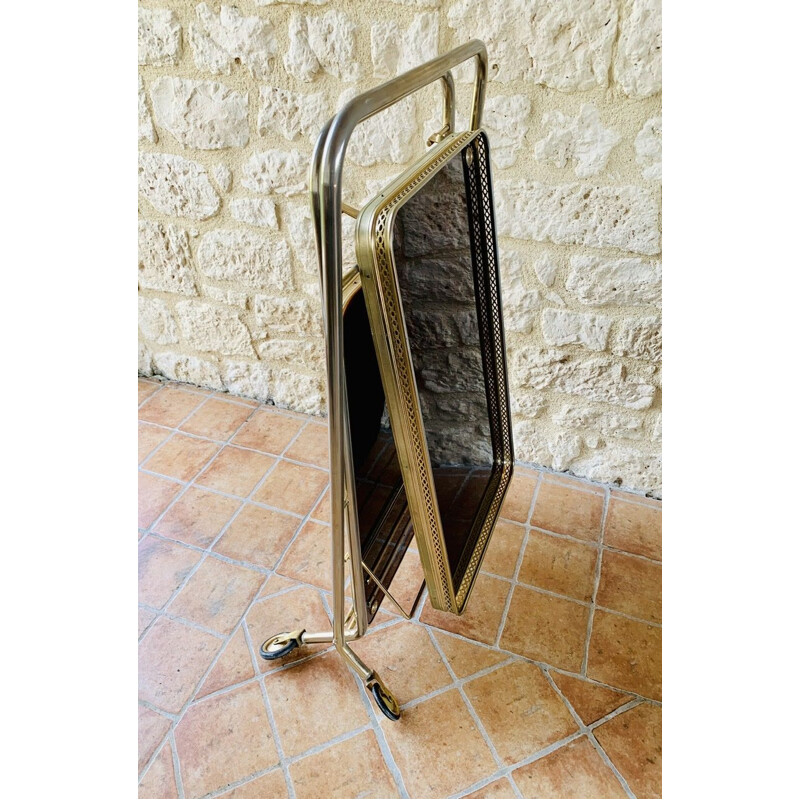 Vintage Brass Bar Cart With Formica Trays On Multi- Directional Wheels 1960s