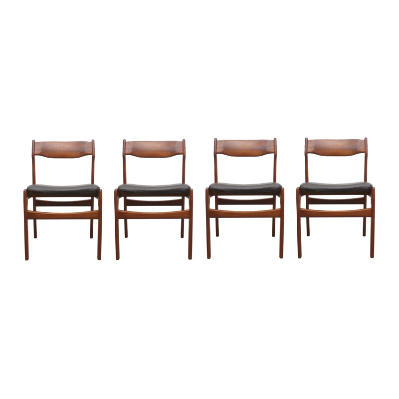 Set of 4 vintage dining chairs in teak leather by Erik Buch