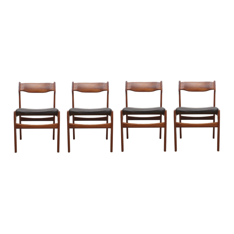 Suite van 4 vintage teakhouten leren stoelen van Erik Buch