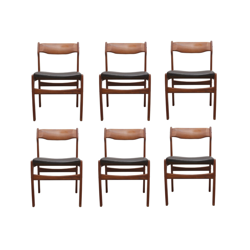 Lot de 6 chaises vintage en cuir de teck par Erik Buch