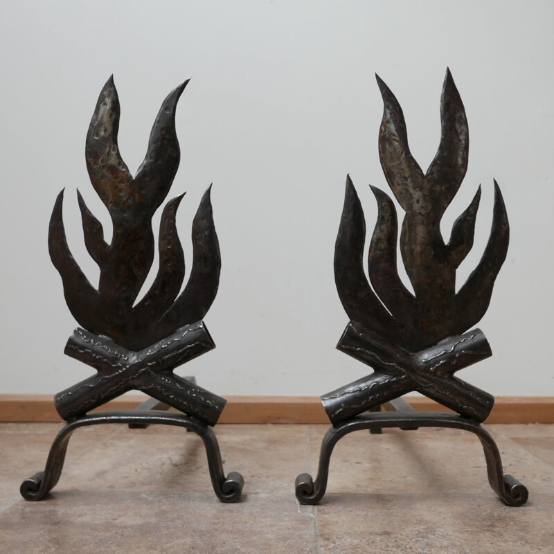 Pair of vintage Metal Firedogs, French 1980s