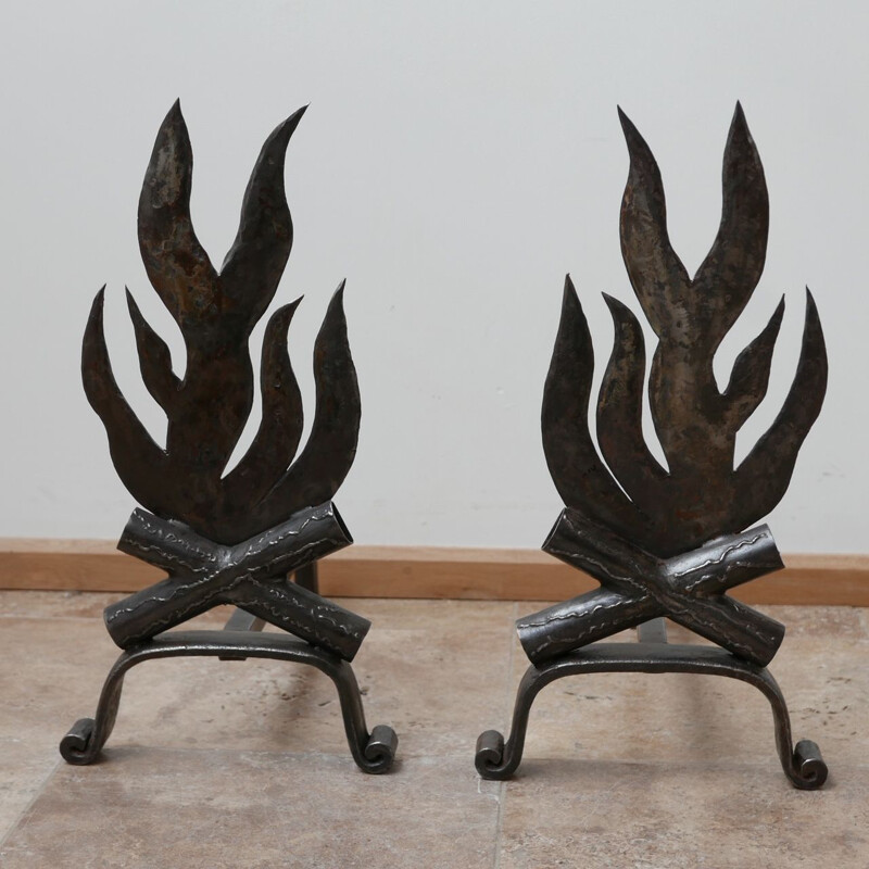 Pair of vintage Metal Firedogs, French 1980s