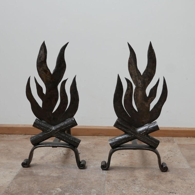 Pair of vintage Metal Firedogs, French 1980s