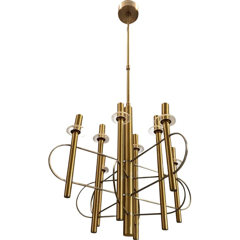 Vintage Brass and Chrome Chandelier by Gaetano Sciolari 1970s