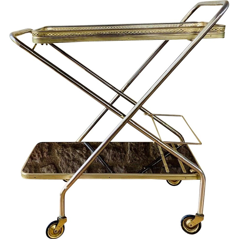 Vintage messing bar cart met formica trays op multidirectionele wielen 1960