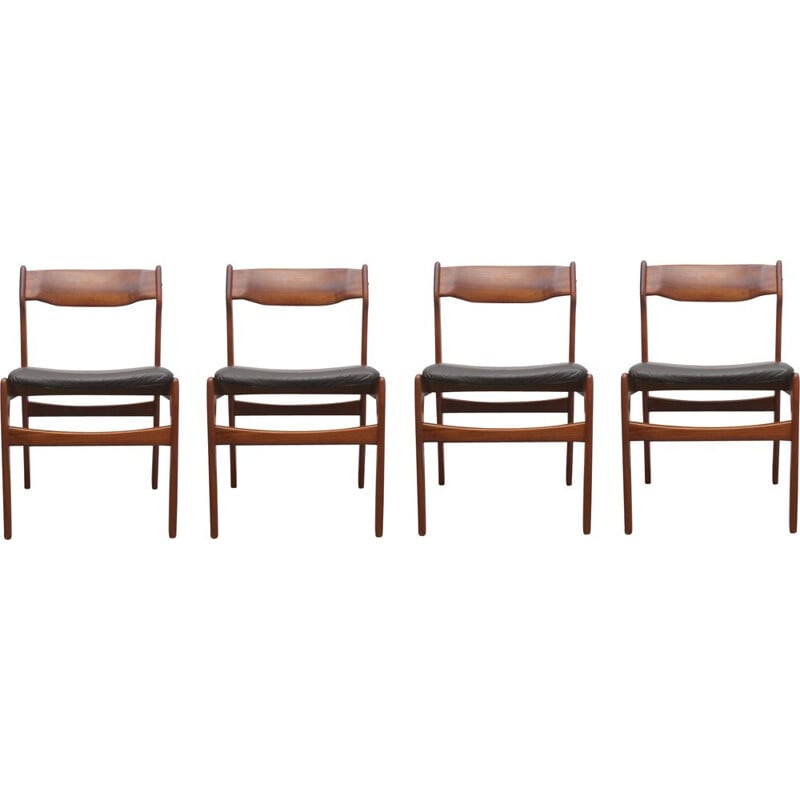 Set of 4 vintage dining chairs in teak leather by Erik Buch